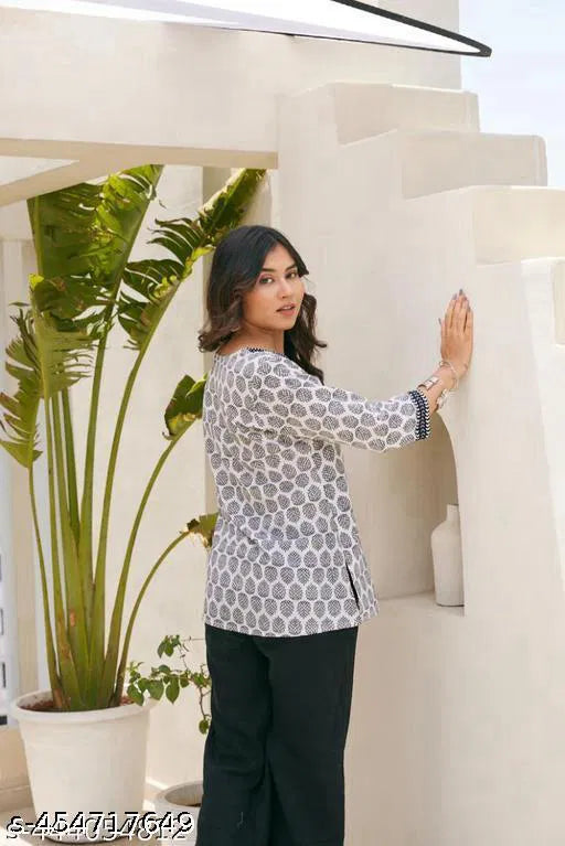 Stylish White Multicolor Hand Block Print Cotton Kurti For Girls & Women · Casual & Festive Wea